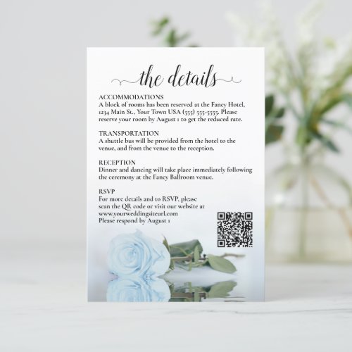 Wedding Details Light Dusty Blue Rose QR Code Enclosure Card