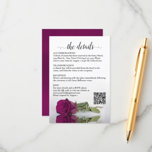 Wedding Details Magenta Raspberry Rose QR Code Enclosure Card