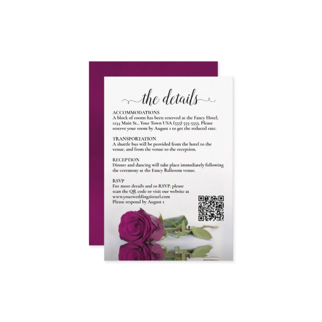 Wedding Details Magenta Raspberry Rose QR Code Enclosure Card (Front/Back In Situ)
