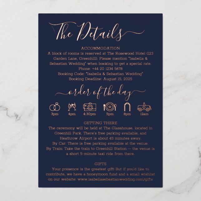 Wedding Details Midnight Blue Navy Real Foil Foil Holiday Card (Front)