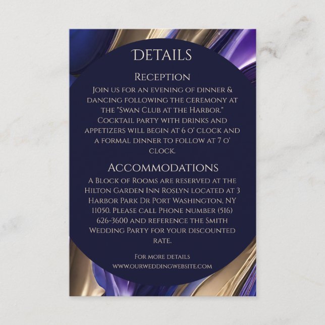 Wedding Details-Modern Abstract Blue Purple Gold- Enclosure Card (Front)