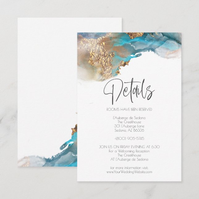Wedding | Details Modern Aqua Alcohol Ink Invitation (Front/Back)