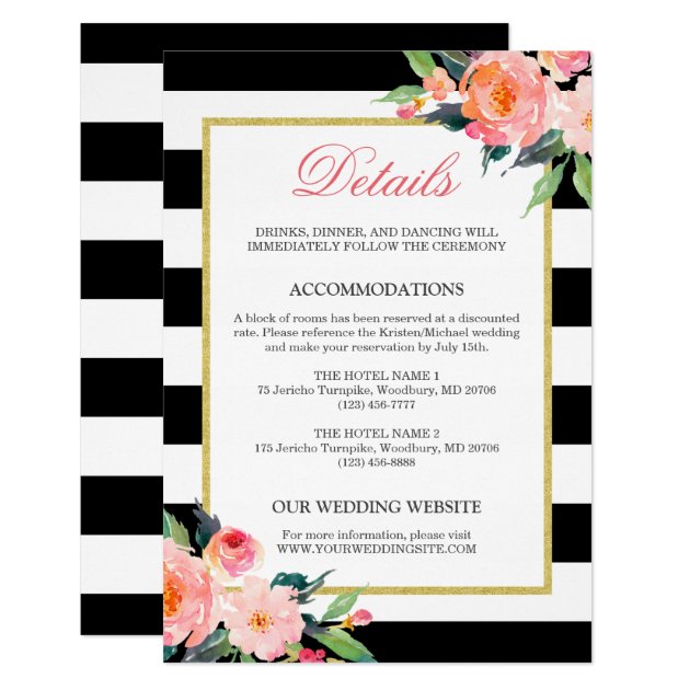 Wedding Details Modern Floral Black White Stripes Card