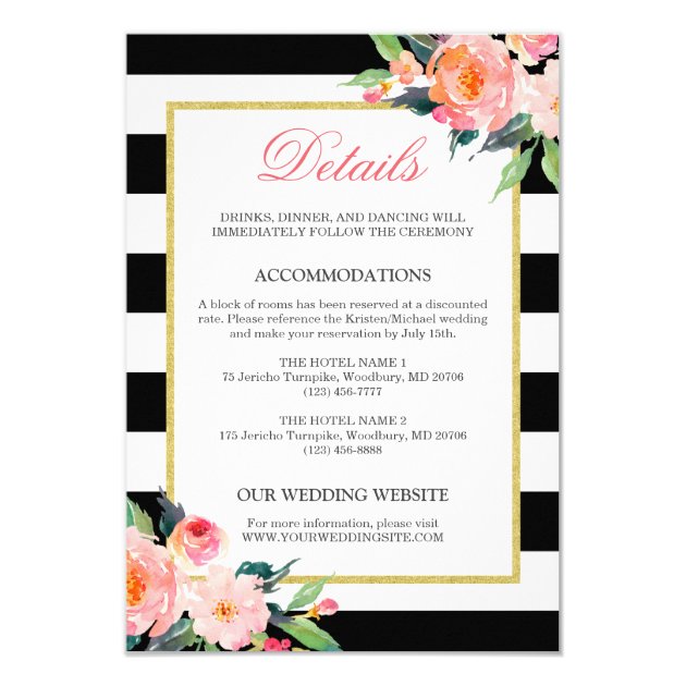 Wedding Details Modern Floral Black White Stripes Card