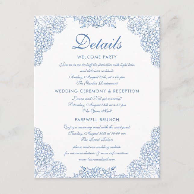 Wedding Details Modern Hydrangea Dusty Blue Floral Enclosure Card (Front)