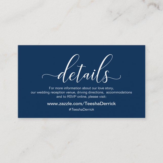 Wedding Details, Modern Navy Blue Theme Enclosure Card (Front)
