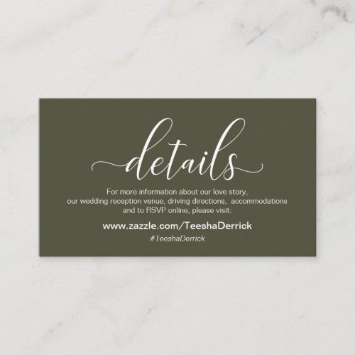 Wedding Details Modern Olive Green Theme Enclosure Card