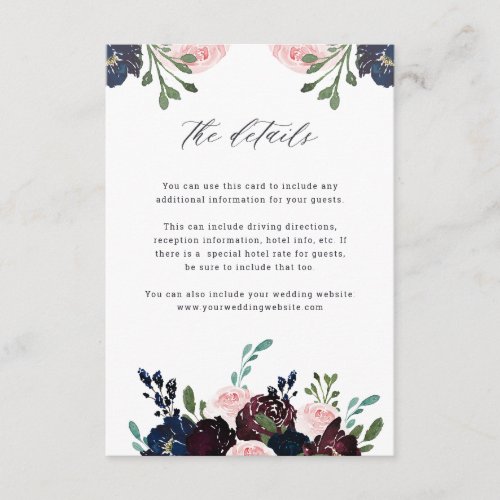 Wedding Details  Navy and Plum Floral Wedding Enclosure Card