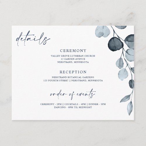 Wedding Details Navy Blue Floral Greenery Foliage Enclosure Card