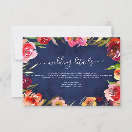 Wedding Details Navy Blue Floral Watercolor Invitation