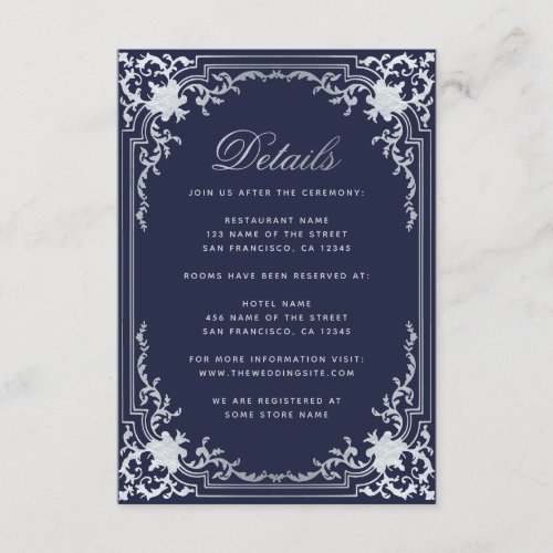 Wedding Details Navy Blue Vintage Elegant Script Enclosure Card