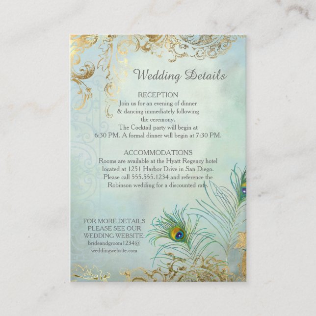 Wedding Details Peacock Feathers Elegant Small  Business Card (Front)