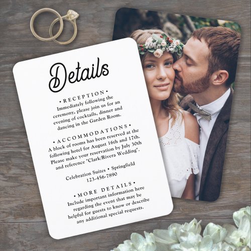 Wedding Details â Photo and Elegant Retro Script Enclosure Card