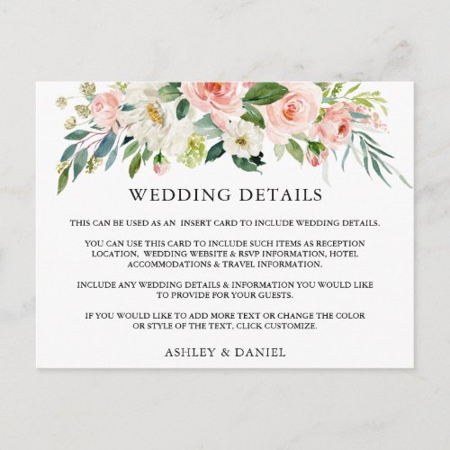 Wedding Details Pink Floral Insert Card