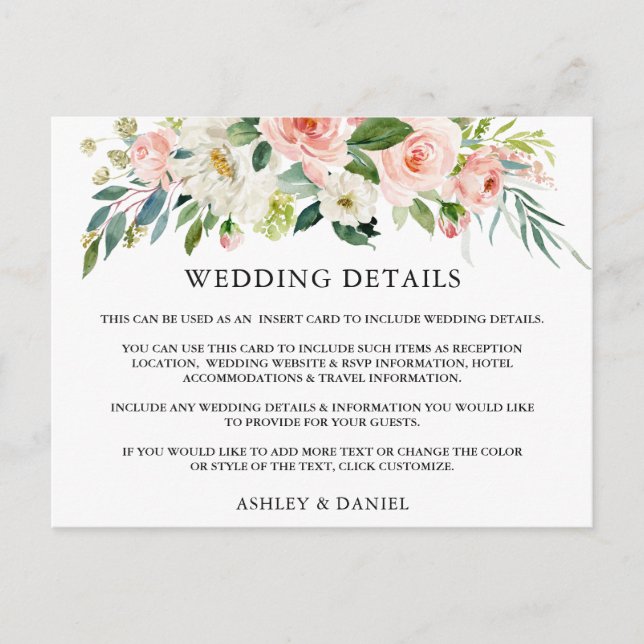 Wedding Details Pink Floral Insert Card (Front)