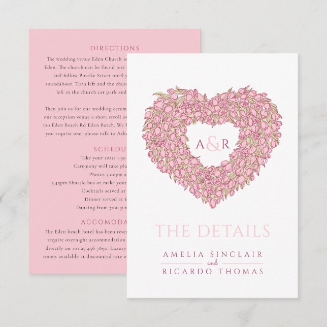 Wedding details pink tulips heart bouquet monogram enclosure card (Front/Back)