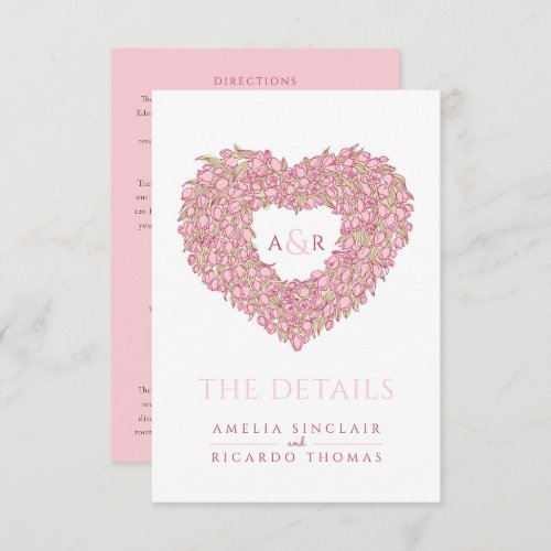 Wedding details pink tulips heart bouquet monogram enclosure card