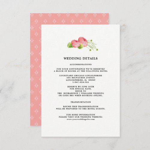Wedding Details  Pink Watercolor Floral Card
