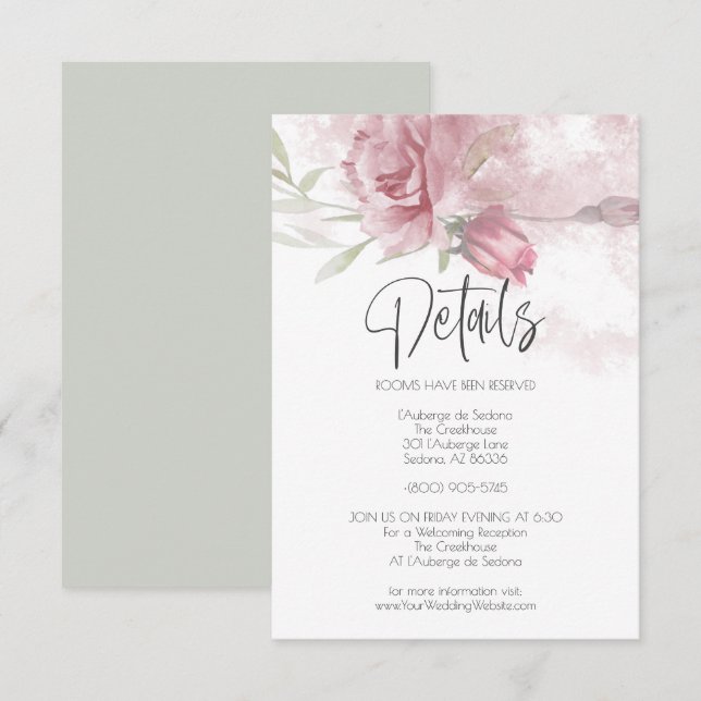 Wedding Details Pink Watercolor Roses Invitation (Front/Back)