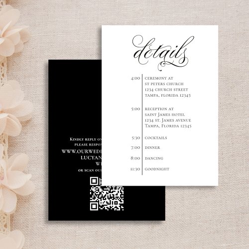 Wedding Details QR Code Black and White Timeline  Enclosure Card