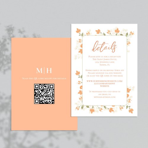 Wedding Details QR Code RSVP Peach Floral Enclosure Card