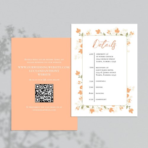 Wedding Details QR Code RSVP Peach Floral Timeline Enclosure Card