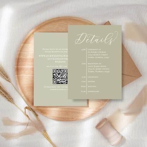 Wedding Details QR Code Sage Green Timeline Enclosure Card