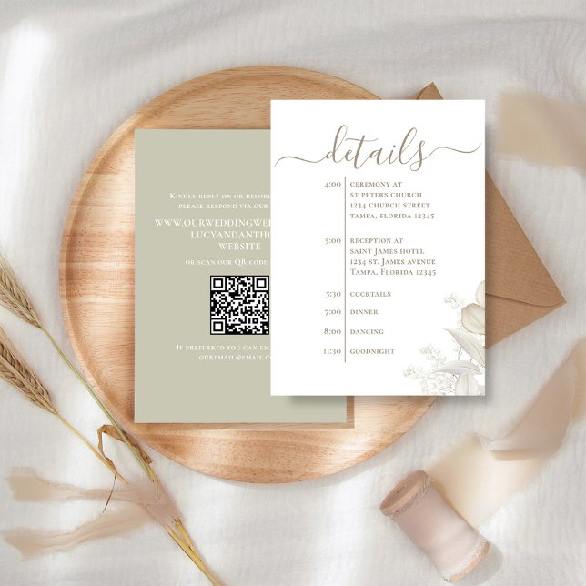 Wedding Details QR Code Sage Greenery Timeline Enclosure Card (Elegant sage greenery foliage wedding details card with a simple timeline.)