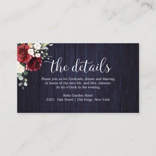 Wedding Details Rustic Floral Wedding Navy Blue Enclosure Card (Front)
