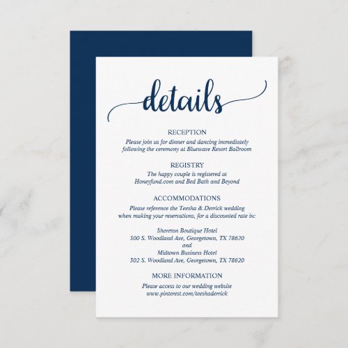 Wedding Details Rustic Navy Blue Script Enclosure Card