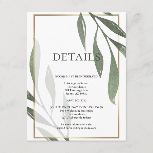 WEDDING DETAILS | Sage Green Olive Foliage Enclosure Card (Front)