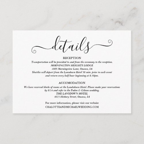 Wedding Details Signature Script Black And White Enclosure Card
