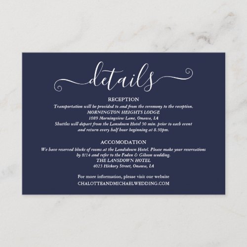 Wedding Details Signature Script Navy Blue Enclosure Card