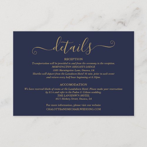 Wedding Details Signature Script Navy Blue Gold Enclosure Card