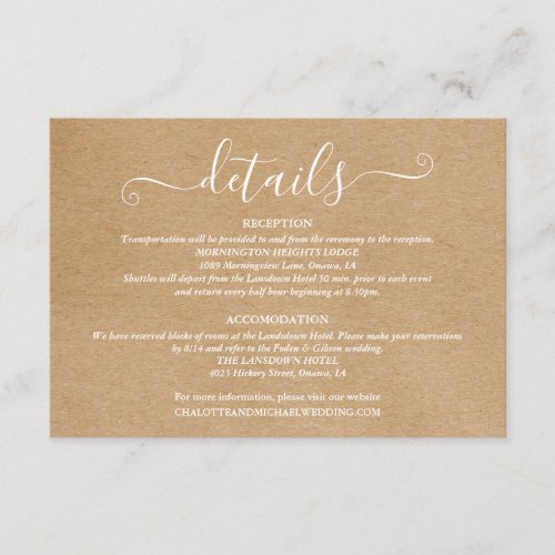 Wedding Details Signature Script Rustic Kraft Enclosure Card