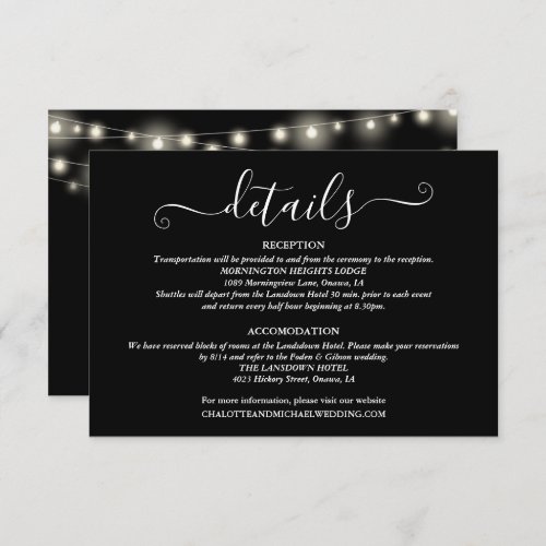 Wedding Details Spring Lights Script Black White Enclosure Card