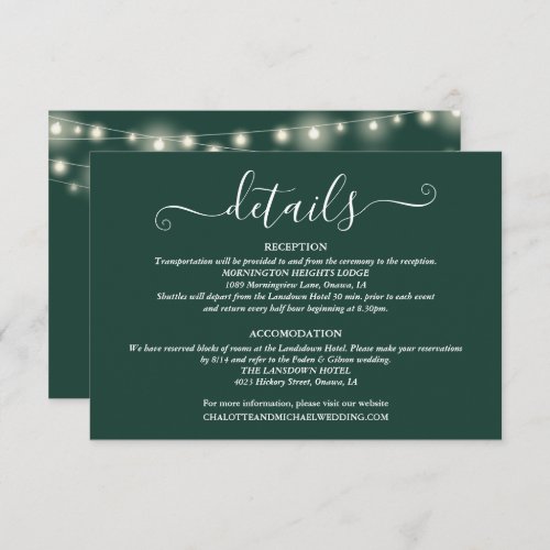 Wedding Details Spring Lights Script Emerald Green Enclosure Card