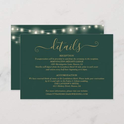 Wedding Details Spring Lights Script Green Gold Enclosure Card