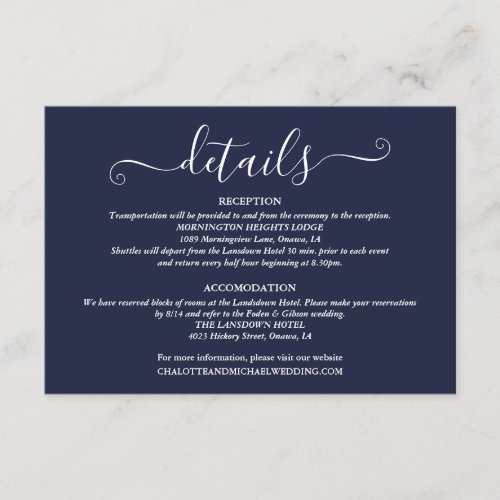 Wedding Details Spring Lights Script Navy Blue Enclosure Card