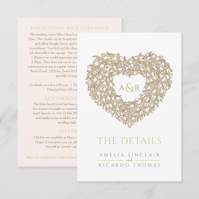 Wedding details tulip bouquet monogram green brown enclosure card (Front/Back)