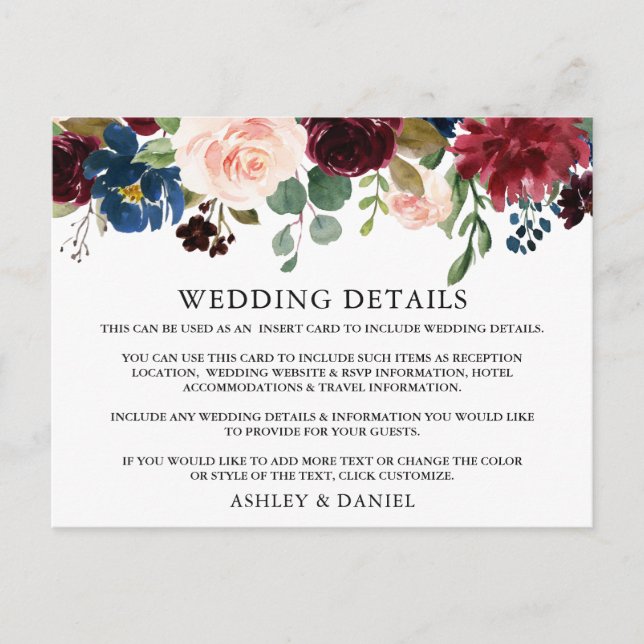 Wedding Details Watercolor Floral Insert Card (Front)