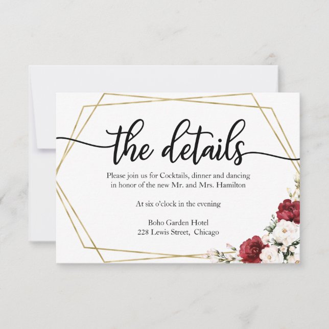 Wedding Details White Burgundy Floral Geometric RSVP Card (Front)