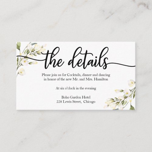 Wedding Details White Cream Floral  Enclosure Card