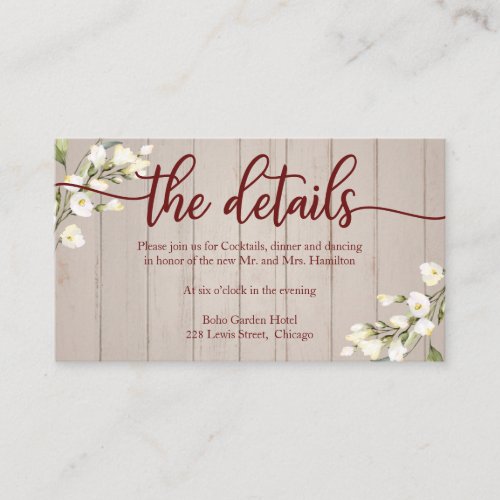 Wedding Details White Cream Floral Rustic Wood Enc Enclosure Card