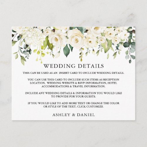 Wedding Details White Floral Greenery Card