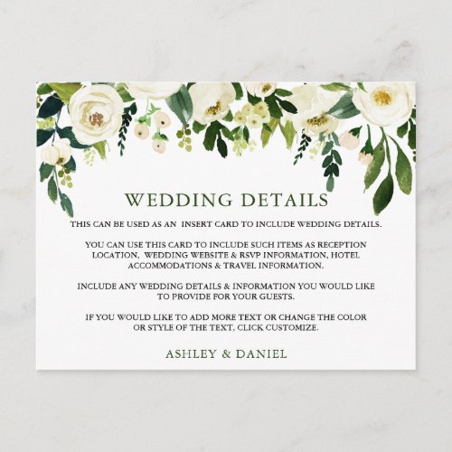 Wedding Details White Green Floral Insert Card