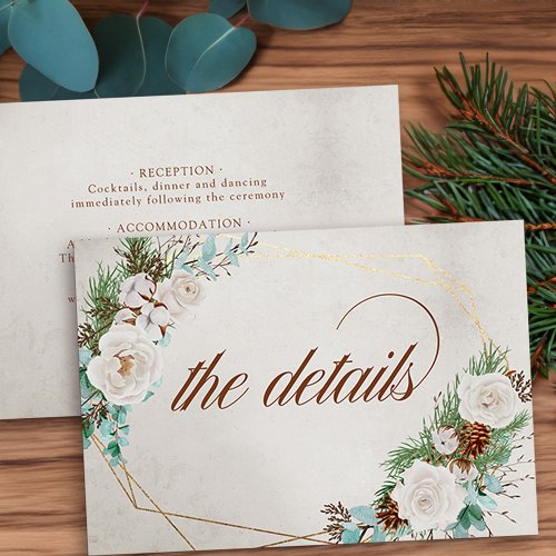 Wedding Details Winter White Rose and Pine Cone Enclosure Card