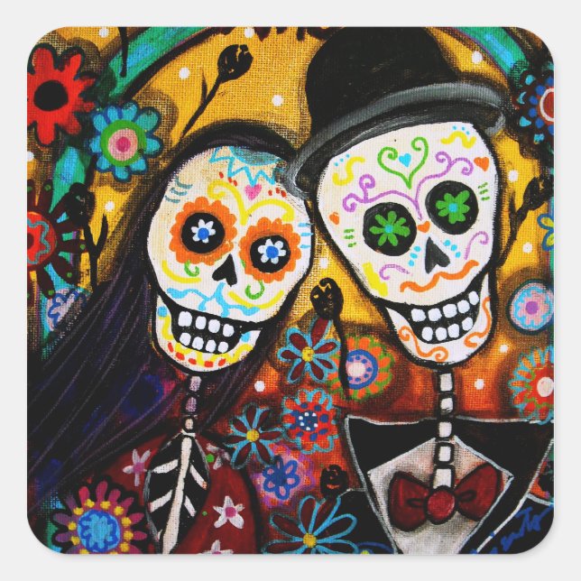 WEDDING DIA DE LOS MUERTOS SQUARE STICKER (Front)