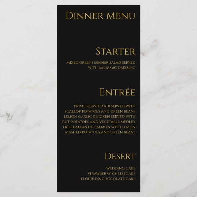 Wedding Dinner and Bar Menu-Black and Gold- Menu (Front)