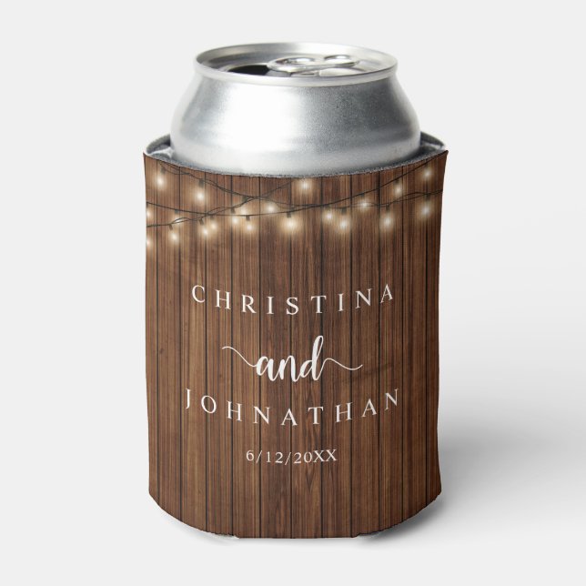 Wedding Dinner and Party, Rustic String Lights Can Cooler (Can Front)